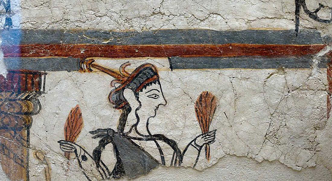 Mycenaean fresco depicting a goddess or priestess with spikes